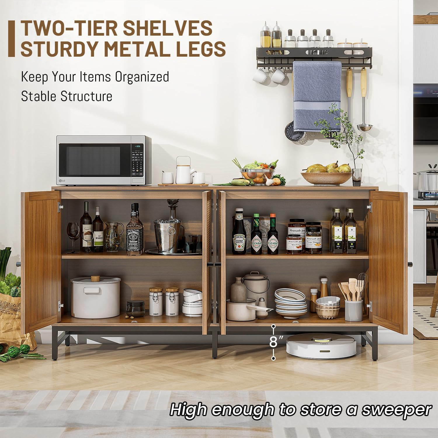 Rattan Sideboard Buffet Cabinet, Walnut Storage Credenza Accent Cabinet with 4 Doors, 59" Large Mid Century Modern Console Table for Kitchen, Living Room and Dining Room