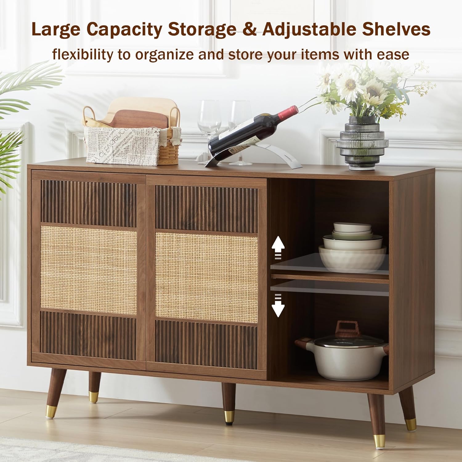 Sideboard Buffet Cabinet with Storage, 47" Rattan Kitchen Storage Cabinet with 2 Slide Doors and 4 Drawers, Accent Cabinets with Adjustable Shelves, Wooden Coffee Bar for Kitchen Dining Room (Walnut)