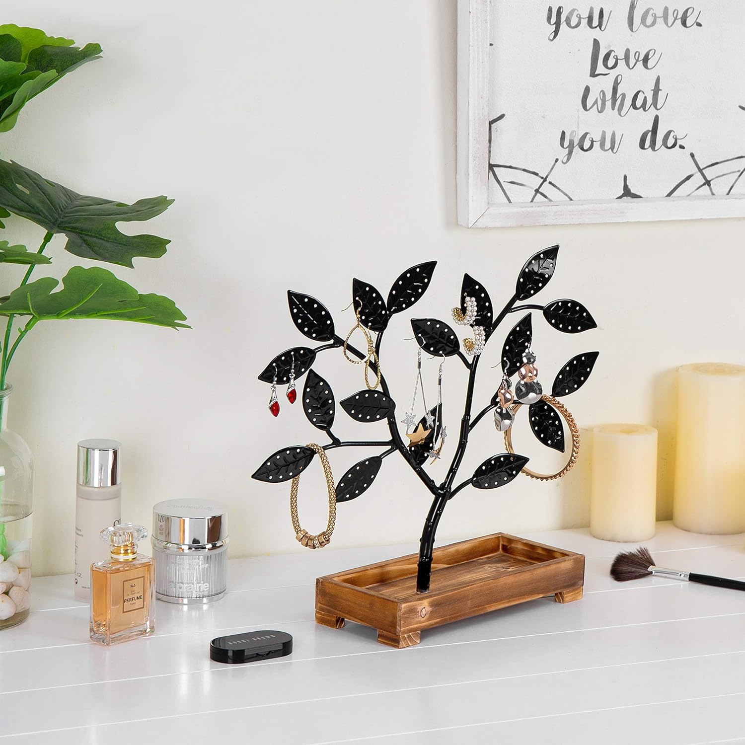 MyGift Earring Storage Rack Organizer, Matte Black Metal Jewelry Tree, Necklace and Bracelet Hanger with Wooden Ring Tray Trinket Holder - Holds 68 Pairs of Earrings
