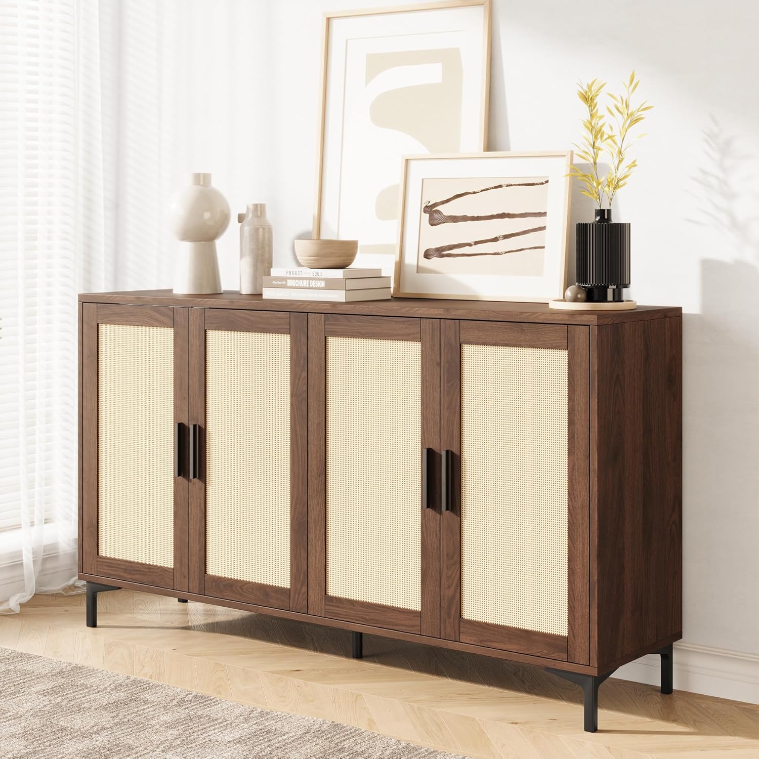 JASIWAY Sideboard - Kitchen Buffet Cabinet with Rattan Decorated Doors, Accent Cabinets with Doors, Coffee Bar Cabinets Rattan Sideboard Buffet Cabinet with Storage (Natural with 4 Doors)