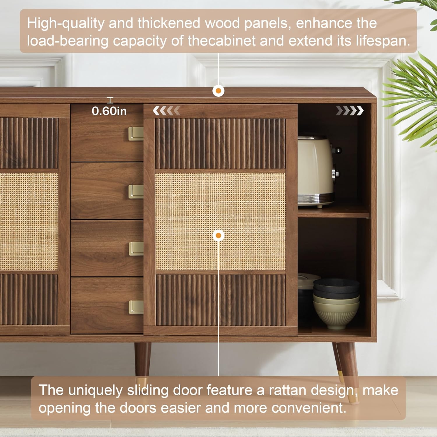 Sideboard Buffet Cabinet with Storage, 47" Rattan Kitchen Storage Cabinet with 2 Slide Doors and 4 Drawers, Accent Cabinets with Adjustable Shelves, Wooden Coffee Bar for Kitchen Dining Room (Walnut)