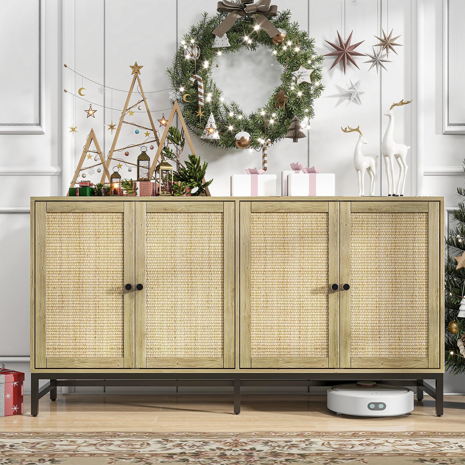 Rattan Sideboard Buffet Cabinet, Walnut Storage Credenza Accent Cabinet with 4 Doors, 59" Large Mid Century Modern Console Table for Kitchen, Living Room and Dining Room