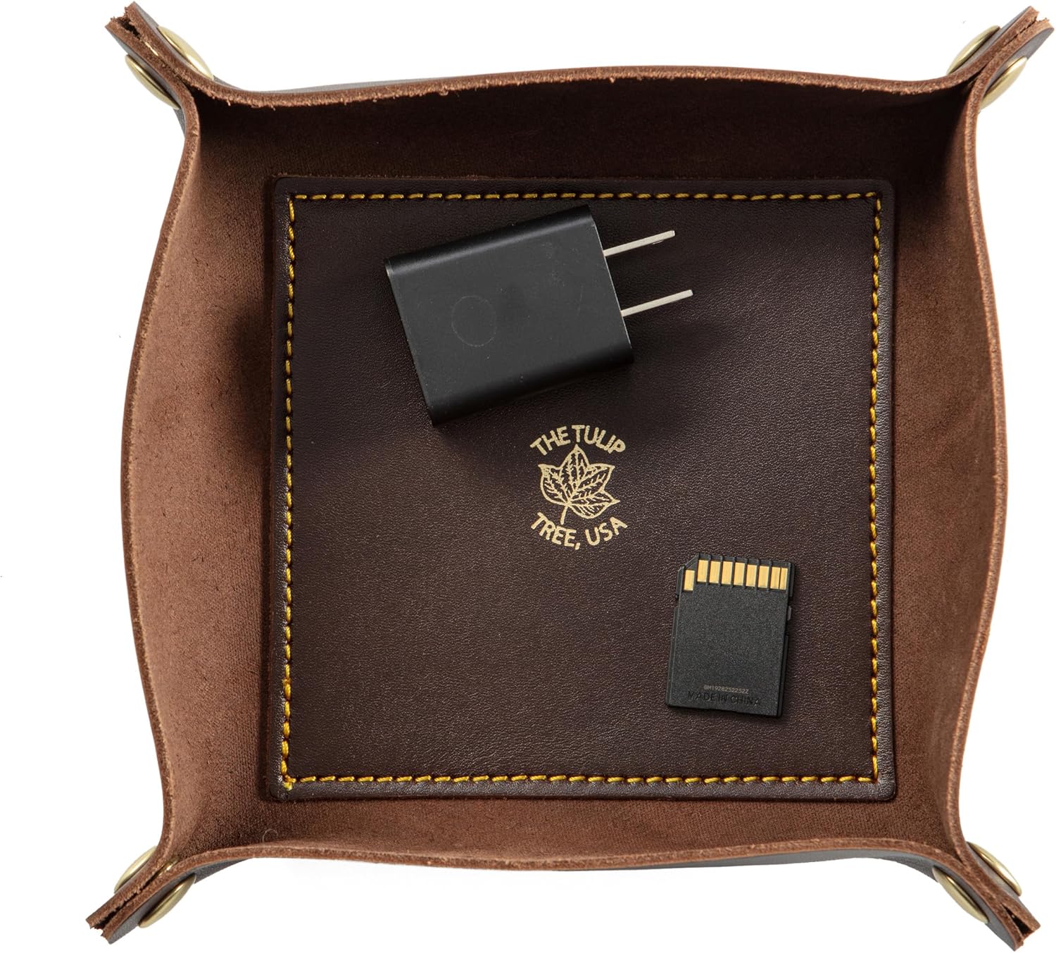 USA Made Premium Leather Valet Tray, Folds Flat! Little Buddy Dice Rolling Basket and Organizer With Brass Snaps - Reinforced Felt Bottom - For Keys, Jewelry, Coin, EDC, Watch Storage Caddy - Chestnut