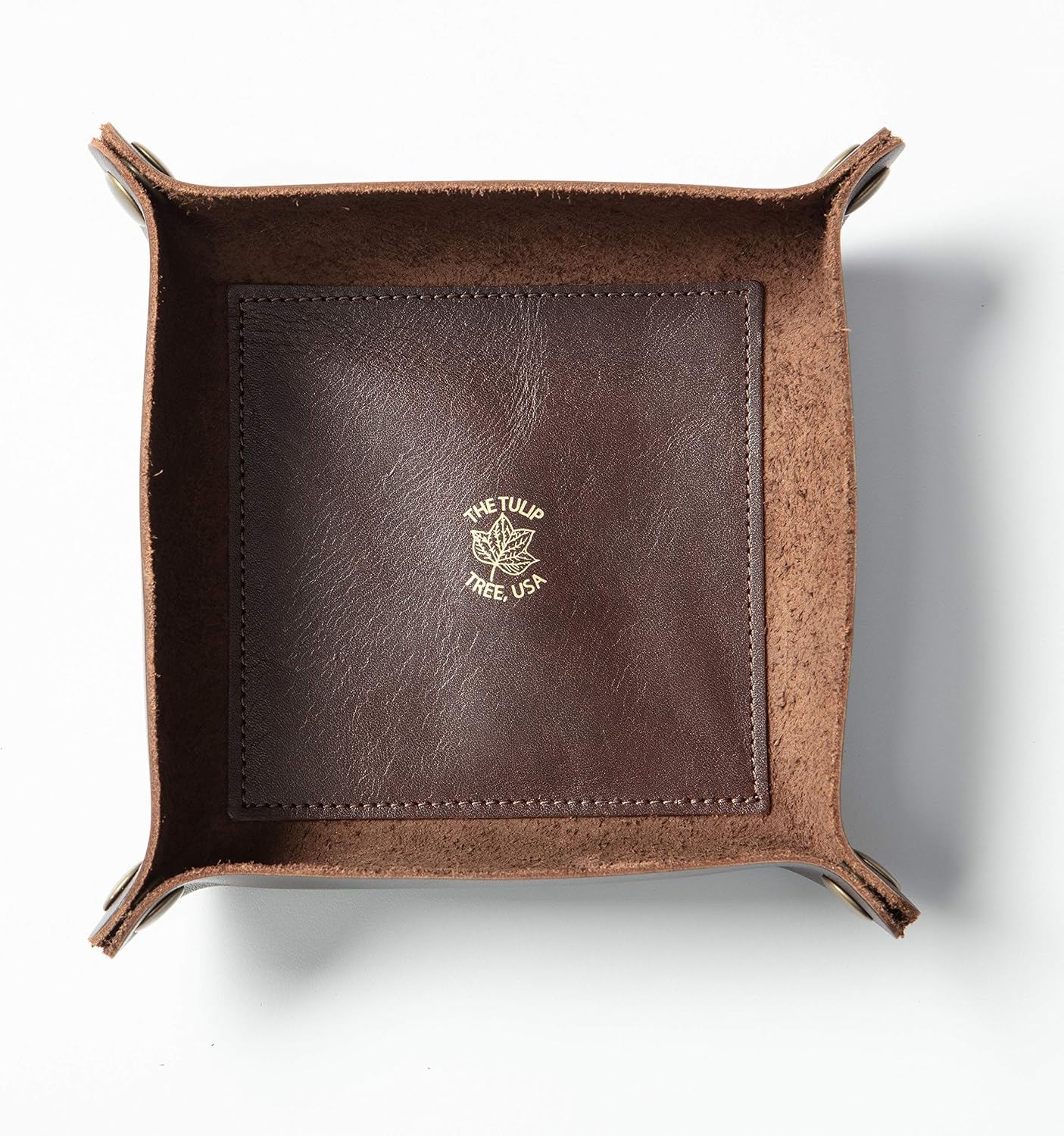 USA Made Premium Leather Valet Tray, Folds Flat! Little Buddy Dice Rolling Basket and Organizer With Brass Snaps - Reinforced Felt Bottom - For Keys, Jewelry, Coin, EDC, Watch Storage Caddy - Chestnut