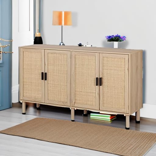 Finnhomy 4 Door Sideboard Buffet Cabinet, Kitchen Storage Cabinet with Rattan Decorated Doors, Cupboard Console Table, Boho Accent Liquor Cabinet for Home Bar, 62.3X 15.7X 34.6 Inches, Natural