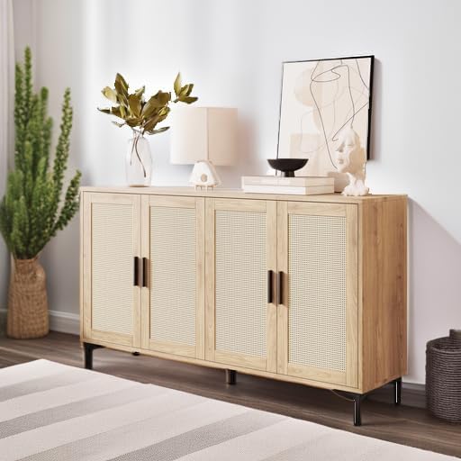 JASIWAY Sideboard - Kitchen Buffet Cabinet with Rattan Decorated Doors, Accent Cabinets with Doors, Coffee Bar Cabinets Rattan Sideboard Buffet Cabinet with Storage (Natural with 4 Doors)