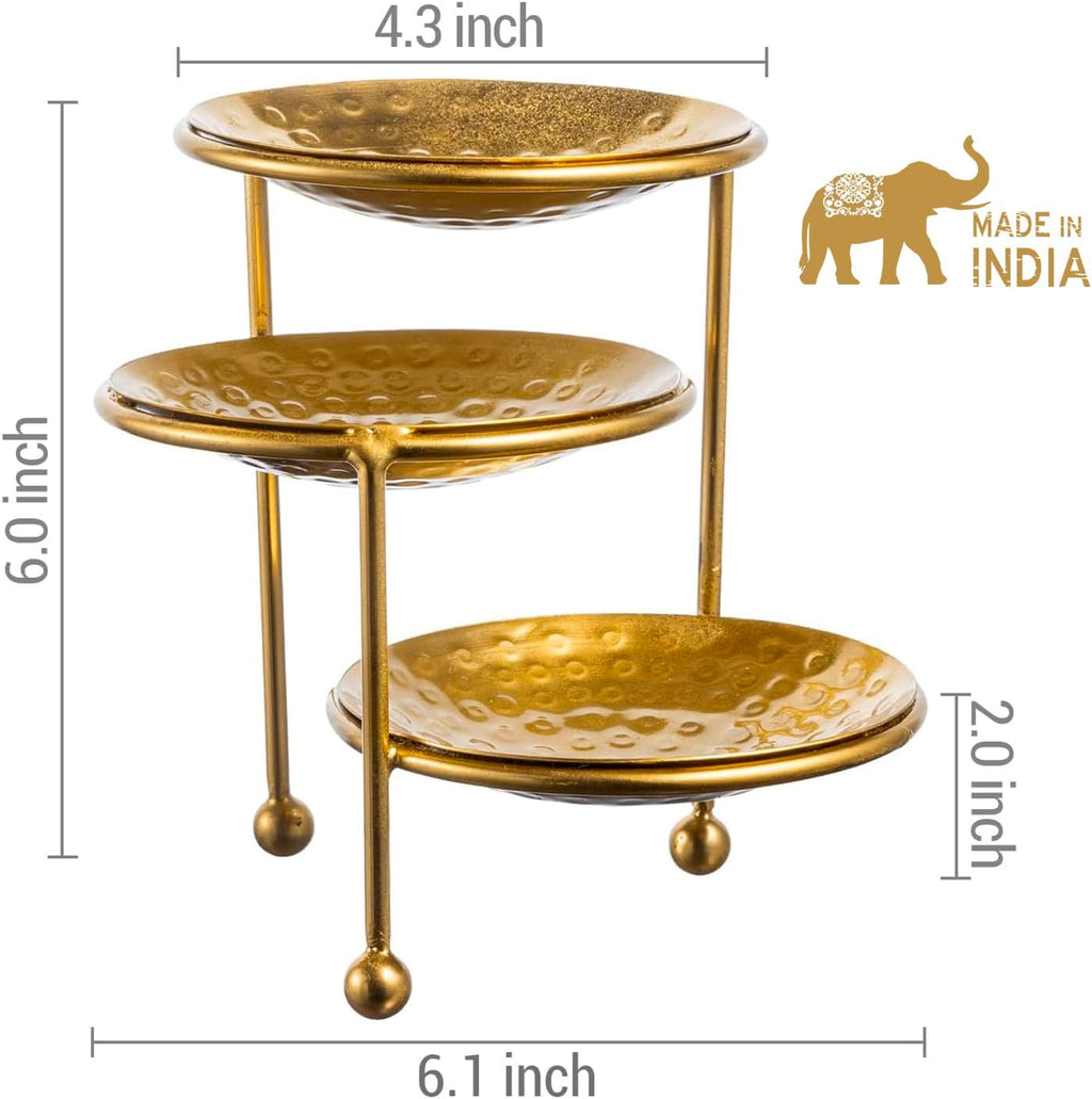 MyGift 3 Tier Jewelry Dish Organizer - Hammered Brass Plated Metal Ring Tray, Decorative Earring, Necklace, Bracelet Storage Display Tower - Handcrafted in India