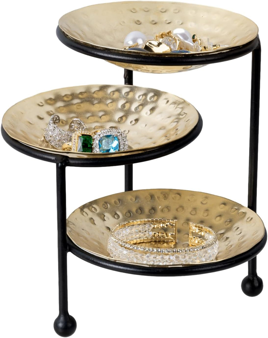 MyGift 3 Tier Jewelry Dish Organizer - Hammered Brass Plated Metal Ring Tray, Decorative Earring, Necklace, Bracelet Storage Display Tower - Handcrafted in India
