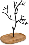 Navaris Metal Jewelry Tree Stand - Organizer Hanger Display Holder with Bamboo Dish Base to Store Necklaces, Bracelets, Rings, Accessories