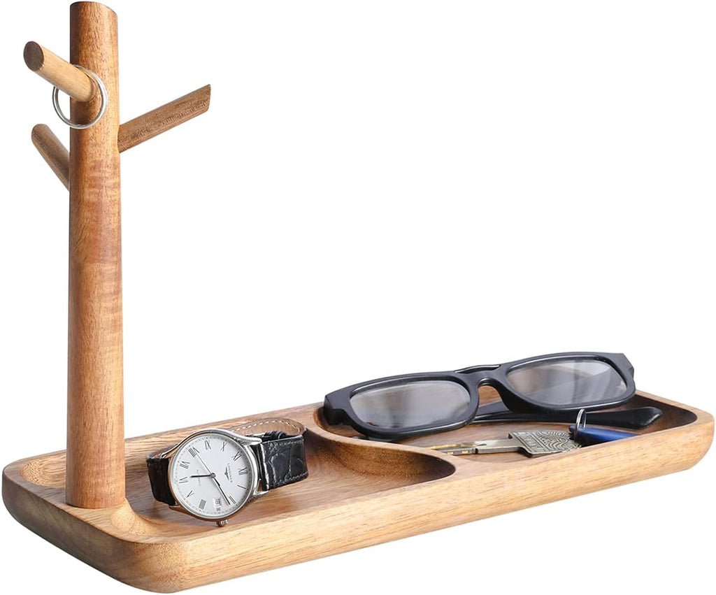 Walnut Wood Key Tray for Entryway Table, Jewelry Tray, Catchall Tray with 3 Stand Hanging Organizer, for Rings, Phone, Bracelets Watches