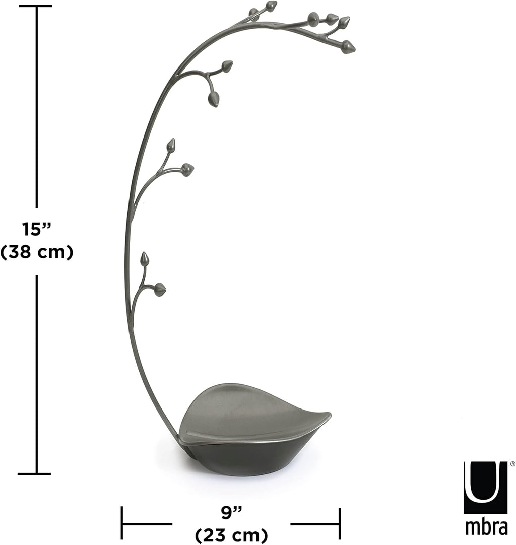 Umbra Orchid Jewelry Hanging Tree Stand - Multi-Functional Necklace Metal Holder Display Organizer Rack With a Ring Dish Tray Great For Organization Can Be Used As Decor, Dining Room Centerpiece