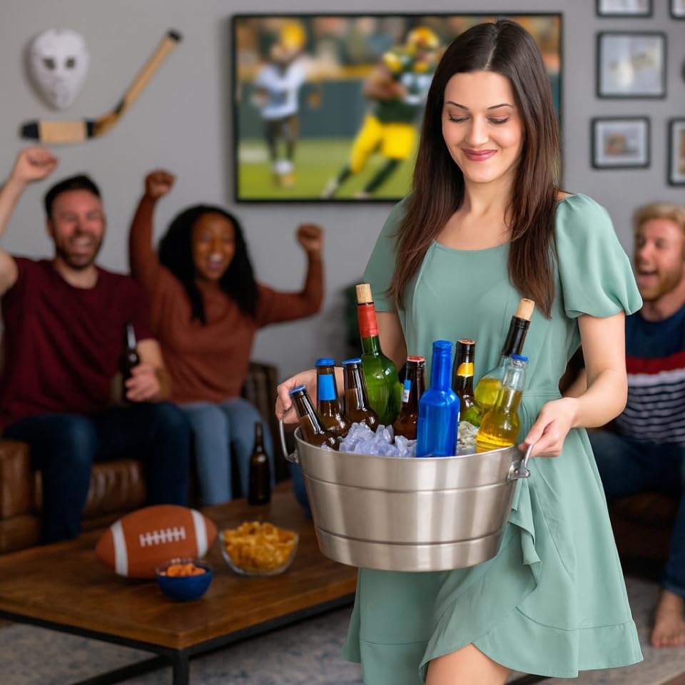 BREKX Stainless Steel Ice Bucket for Parties, Double Wall Insulated Anchored Brushed Drink Tub & Wine Bucket with Double Hinged Handles, Drink Chiller for Parties, 12QT (3 Gallon), 100% Leak Proof