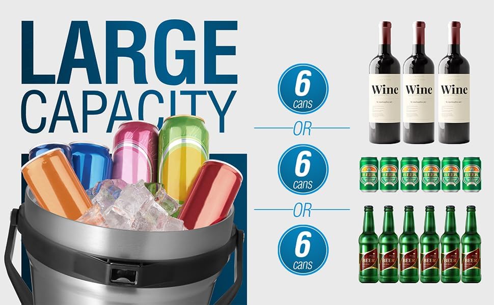 Insulated Ice Bucket with Lid & Scoop-XL Double-Walled, bar Essentials for Entertaining, Holiday Party, Stainless Steel Wine Chiller, Beverage Tub with Handle, Bottle Opener, Great Gift(Steel Black)