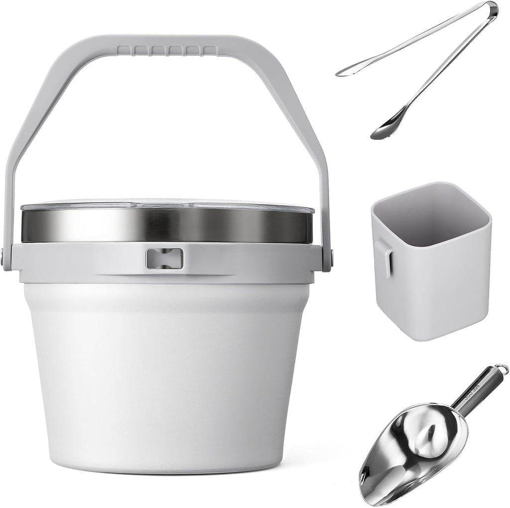COKTIK 7L Vacuum Insulated Ice Bucket with Lid and Scoop& Tongs，Large capacity Stainless Steel Beverage Bucket for Cocktail, Champagne, Wine, Beer，Large Parties（Milk White Suit）