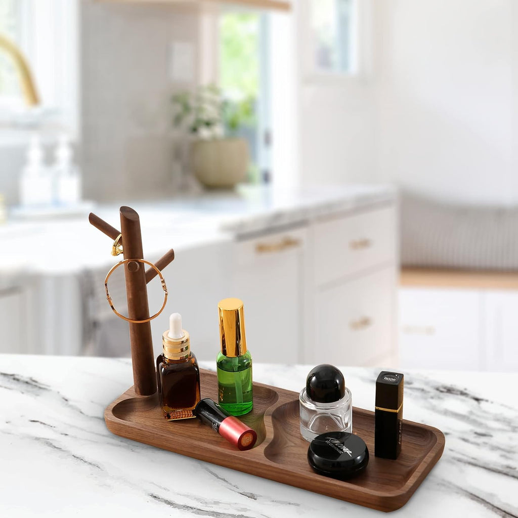 Walnut Wood Key Tray for Entryway Table, Jewelry Tray, Catchall Tray with 3 Stand Hanging Organizer, for Rings, Phone, Bracelets Watches