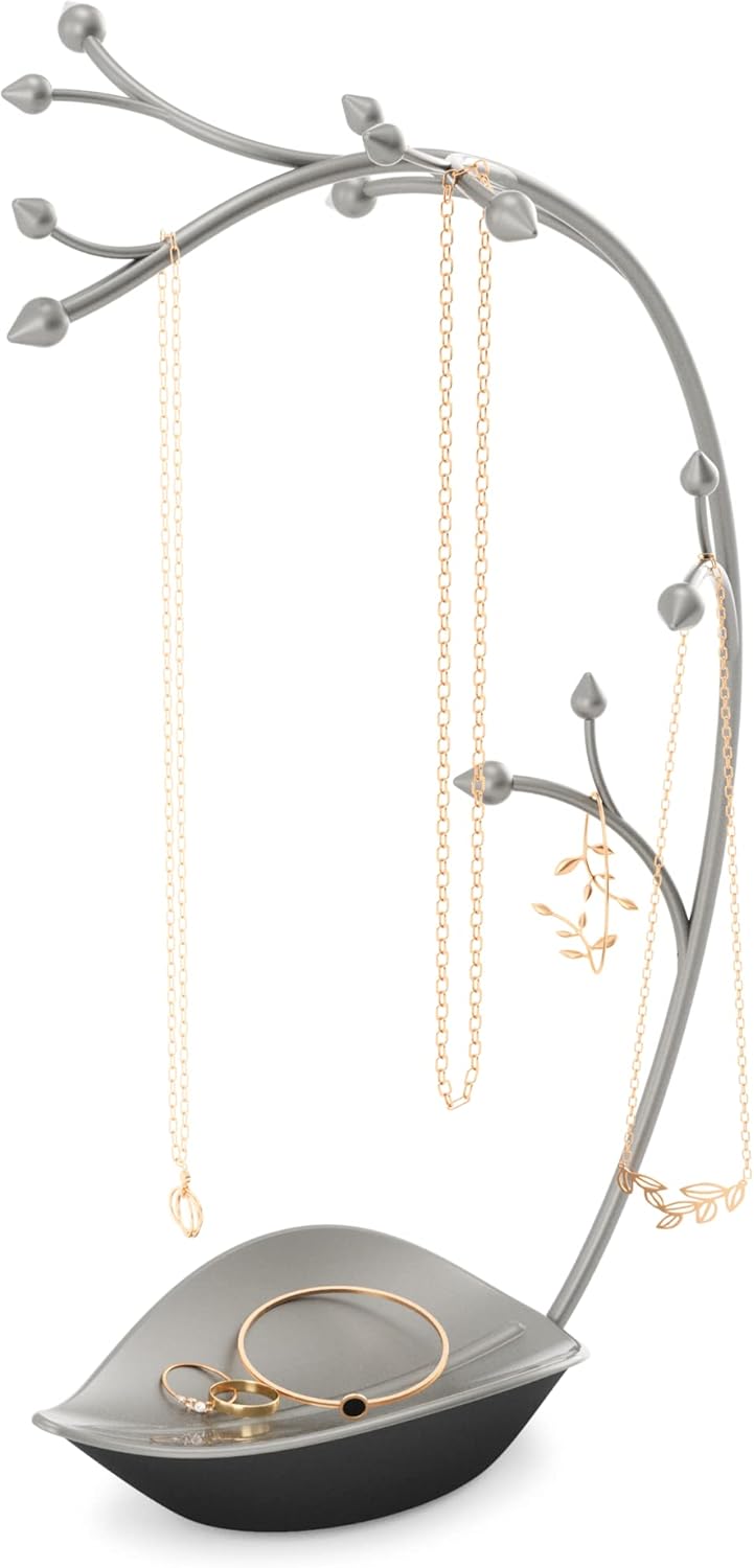 Umbra Orchid Jewelry Hanging Tree Stand - Multi-Functional Necklace Metal Holder Display Organizer Rack With a Ring Dish Tray Great For Organization Can Be Used As Decor, Dining Room Centerpiece