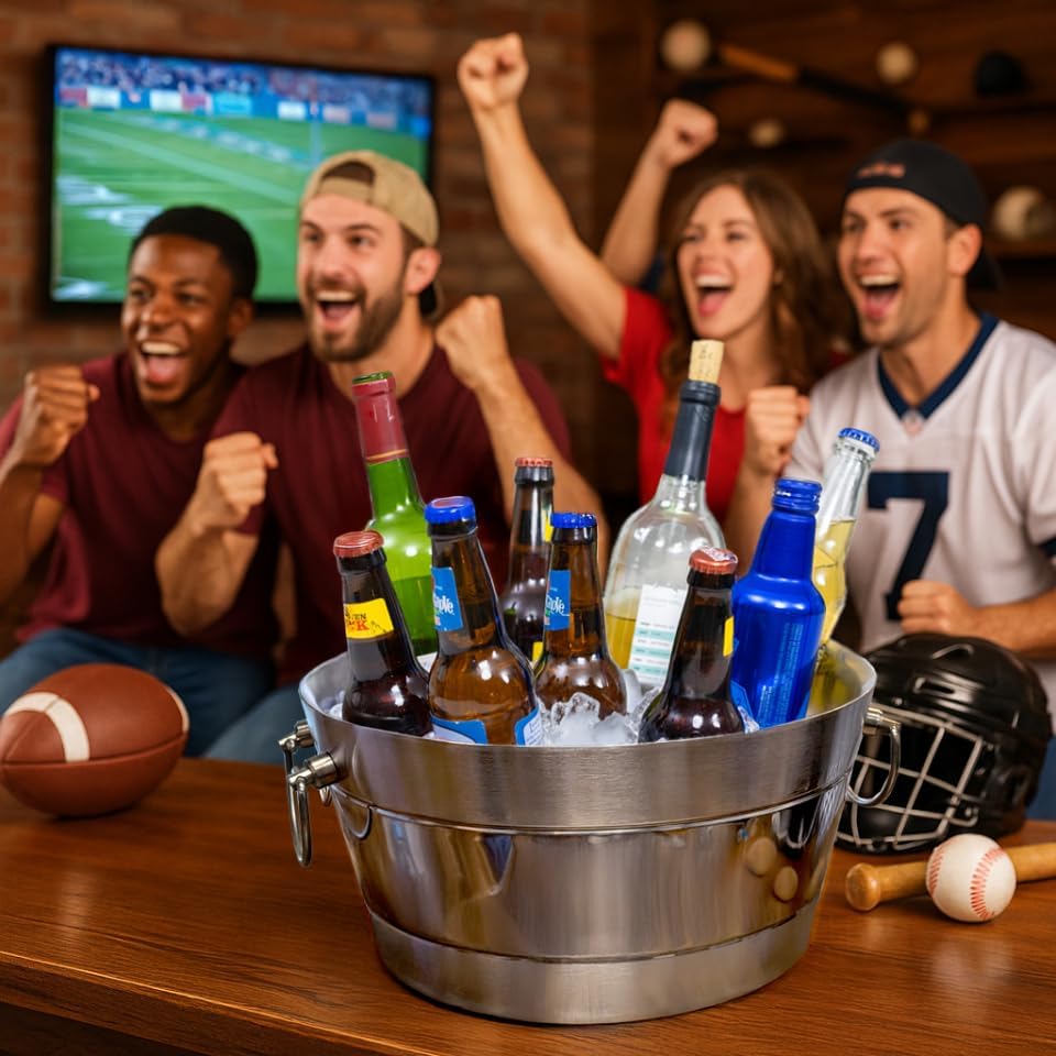 BREKX Stainless Steel Ice Bucket for Parties, Double Wall Insulated Anchored Brushed Drink Tub & Wine Bucket with Double Hinged Handles, Drink Chiller for Parties, 12QT (3 Gallon), 100% Leak Proof