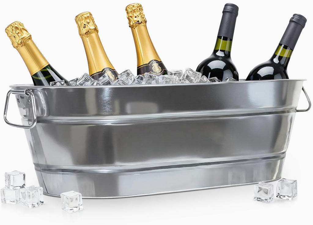 PLEXON Galvanized Tub with Handles - Beverage Tub - Metal Ice Bucket for Parties - Ice Bucket for Cocktail Bar Restaurant - Drink Beer Champagne Chiller Cooler - 5.3 Gallon (20L), Set of 2