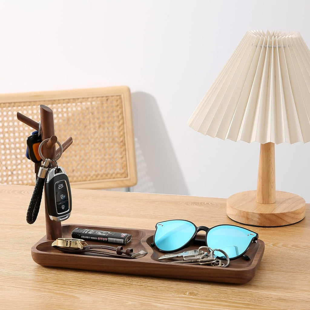 Walnut Wood Key Tray for Entryway Table, Jewelry Tray, Catchall Tray with 3 Stand Hanging Organizer, for Rings, Phone, Bracelets Watches