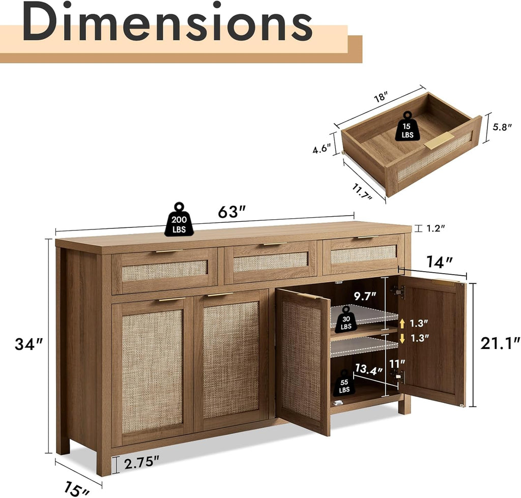 Rattan Sideboard Buffet Cabinet, Boho Storage Cabinet with Adjustable Shelves, Farmhouse Credenza Coffee Bar Cabinets with 4 Doors & 3 Drawers for Living Room, Hallway & Kitchen