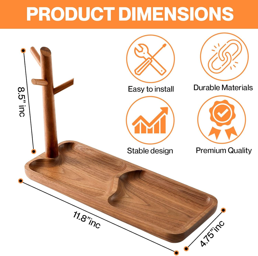 Walnut Wood Key Tray for Entryway Table, Jewelry Tray, Catchall Tray with 3 Stand Hanging Organizer, for Rings, Phone, Bracelets Watches