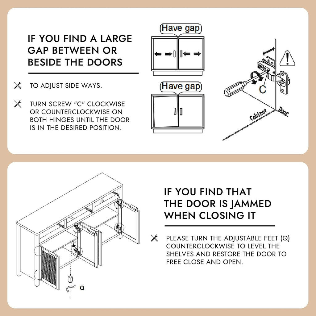Rattan Sideboard Buffet Cabinet, Boho Storage Cabinet with Adjustable Shelves, Farmhouse Credenza Coffee Bar Cabinets with 4 Doors & 3 Drawers for Living Room, Hallway & Kitchen