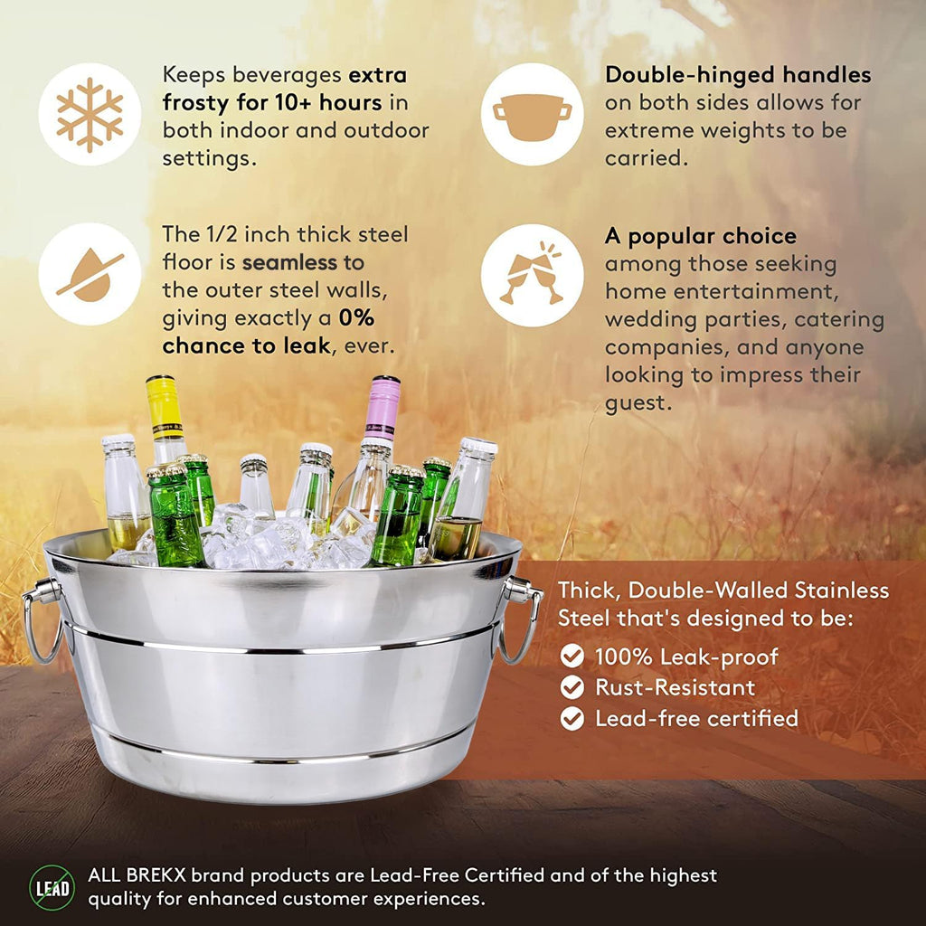 BREKX Stainless Steel Ice Bucket for Parties, Double Wall Insulated Anchored Brushed Drink Tub & Wine Bucket with Double Hinged Handles, Drink Chiller for Parties, 12QT (3 Gallon), 100% Leak Proof