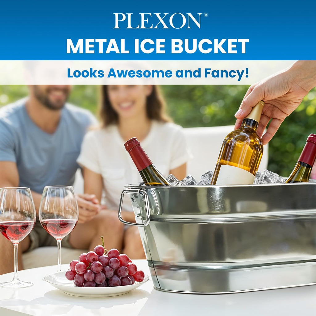PLEXON Galvanized Tub with Handles - Beverage Tub - Metal Ice Bucket for Parties - Ice Bucket for Cocktail Bar Restaurant - Drink Beer Champagne Chiller Cooler - 5.3 Gallon (20L), Set of 2