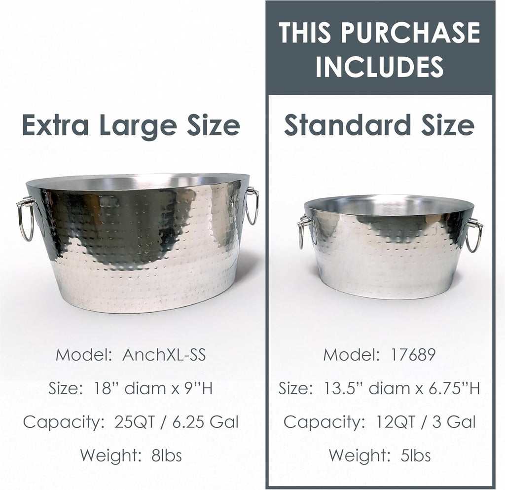 BREKX Hammered Stainless-Steel Beverage Tub, Double-Walled Insulated Anchored Drink Tub & Ice Bucket with Double Hinged Handles, Drink Chiller for Parties, 12 Quarts