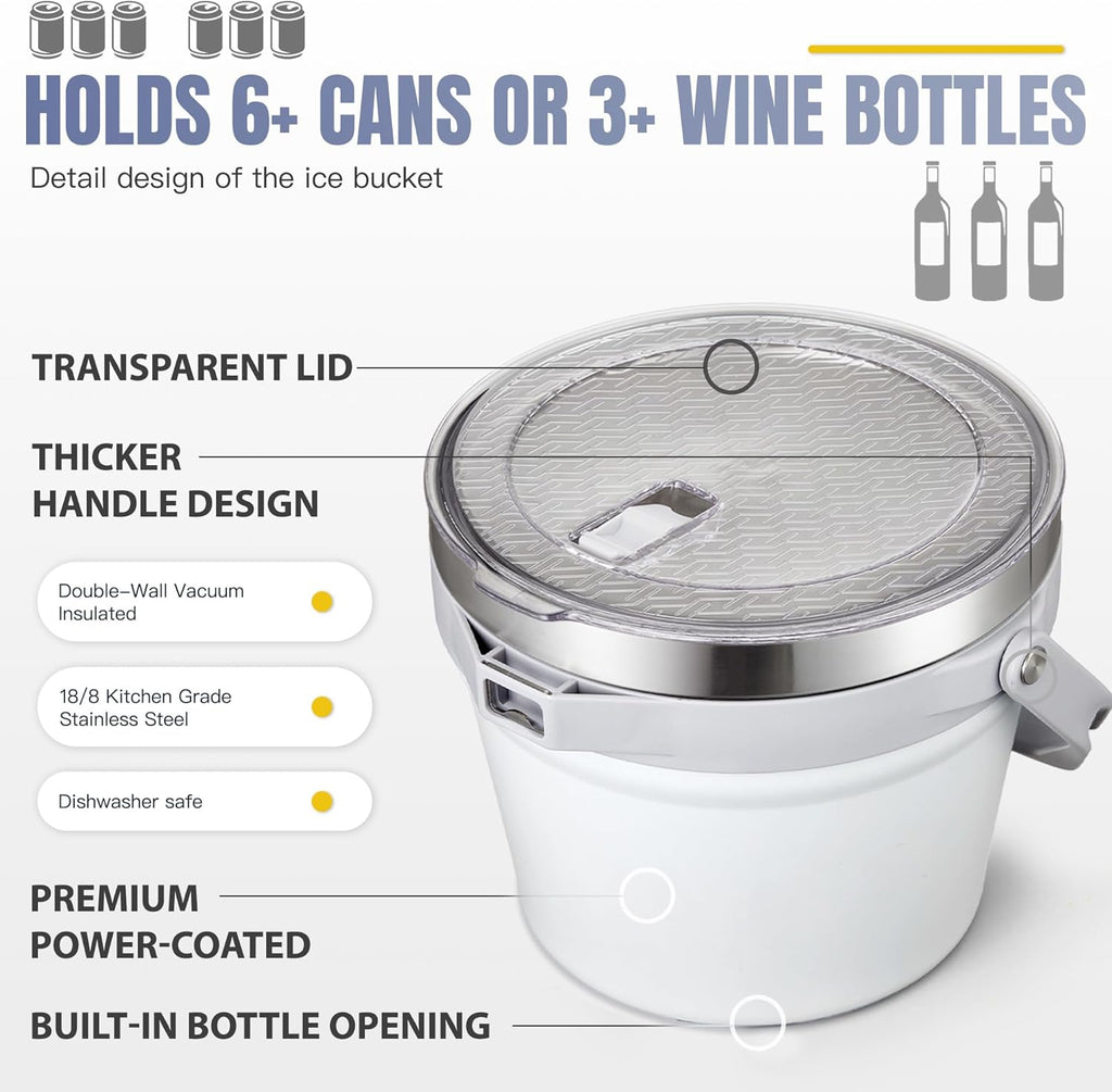 COKTIK 7L Vacuum Insulated Ice Bucket with Lid and Scoop& Tongs，Large capacity Stainless Steel Beverage Bucket for Cocktail, Champagne, Wine, Beer，Large Parties（Milk White Suit）