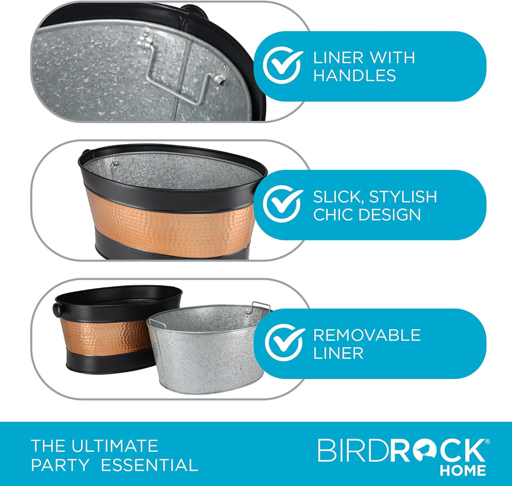 BIRDROCK HOME 25 Quart Oval Stainless Steel Beverage Tub with Removable Iron Liner - Black Finish with Copper Band, Large Capacity, Ideal for Home Entertaining, Events, and Parties