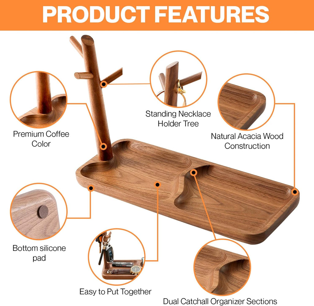 Walnut Wood Key Tray for Entryway Table, Jewelry Tray, Catchall Tray with 3 Stand Hanging Organizer, for Rings, Phone, Bracelets Watches