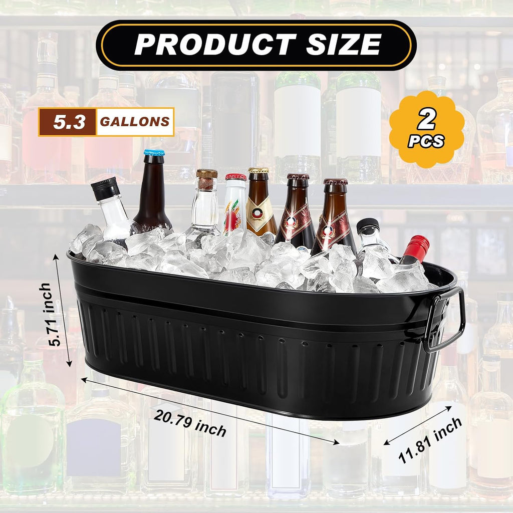 Lallisa 5.3 gallons Galvanized Beverage Tub Galvanized Bucket Metal Ice and Drink Bucket with Handles Tub for Parties Farmhouse Home Pool Bar(Black,2 Pcs)