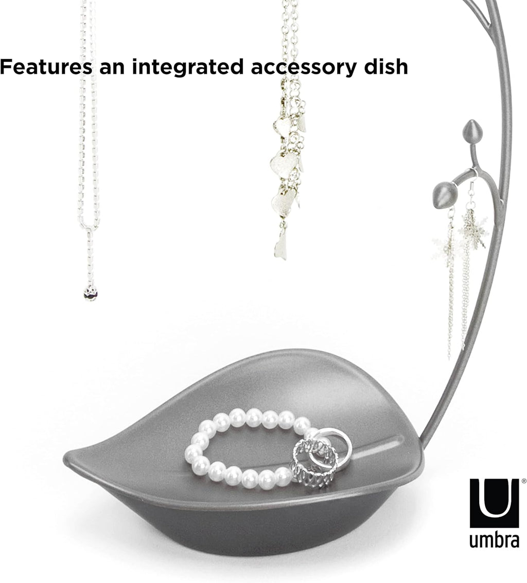 Umbra Orchid Jewelry Hanging Tree Stand - Multi-Functional Necklace Metal Holder Display Organizer Rack With a Ring Dish Tray Great For Organization Can Be Used As Decor, Dining Room Centerpiece