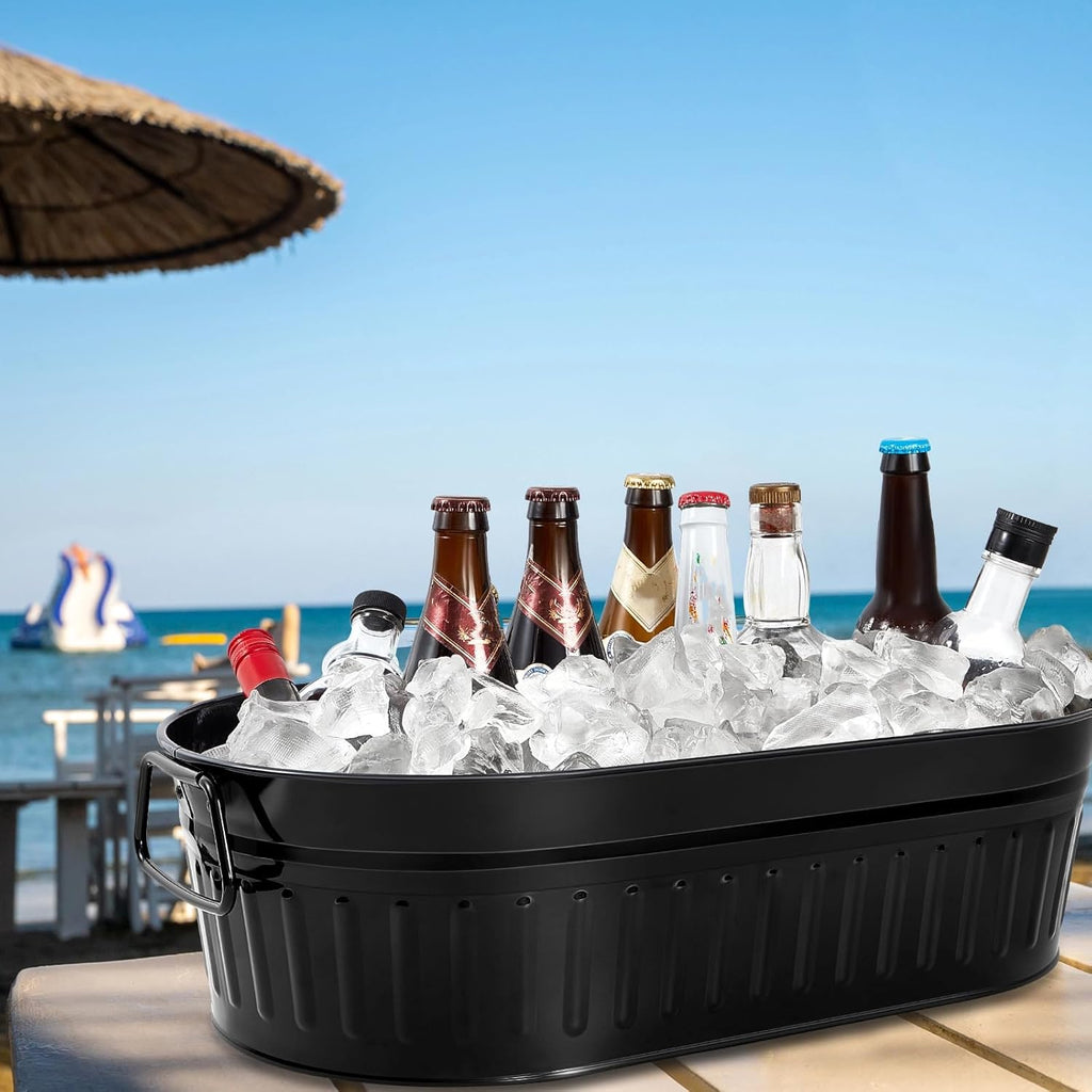 Lallisa 5.3 gallons Galvanized Beverage Tub Galvanized Bucket Metal Ice and Drink Bucket with Handles Tub for Parties Farmhouse Home Pool Bar(Black,2 Pcs)