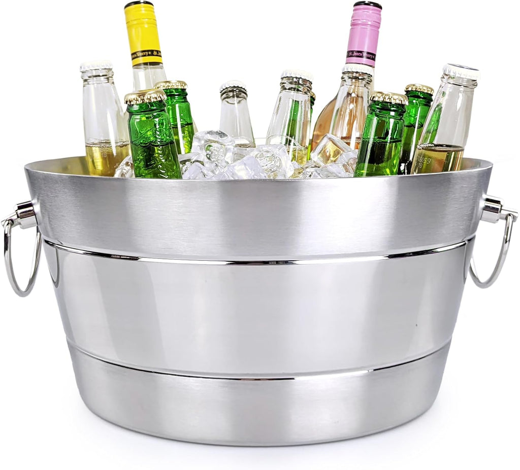 BREKX Stainless Steel Ice Bucket for Parties, Double Wall Insulated Anchored Brushed Drink Tub & Wine Bucket with Double Hinged Handles, Drink Chiller for Parties, 12QT (3 Gallon), 100% Leak Proof