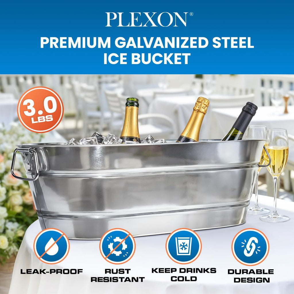 PLEXON Galvanized Tub with Handles - Beverage Tub - Metal Ice Bucket for Parties - Ice Bucket for Cocktail Bar Restaurant - Drink Beer Champagne Chiller Cooler - 5.3 Gallon (20L), Set of 2