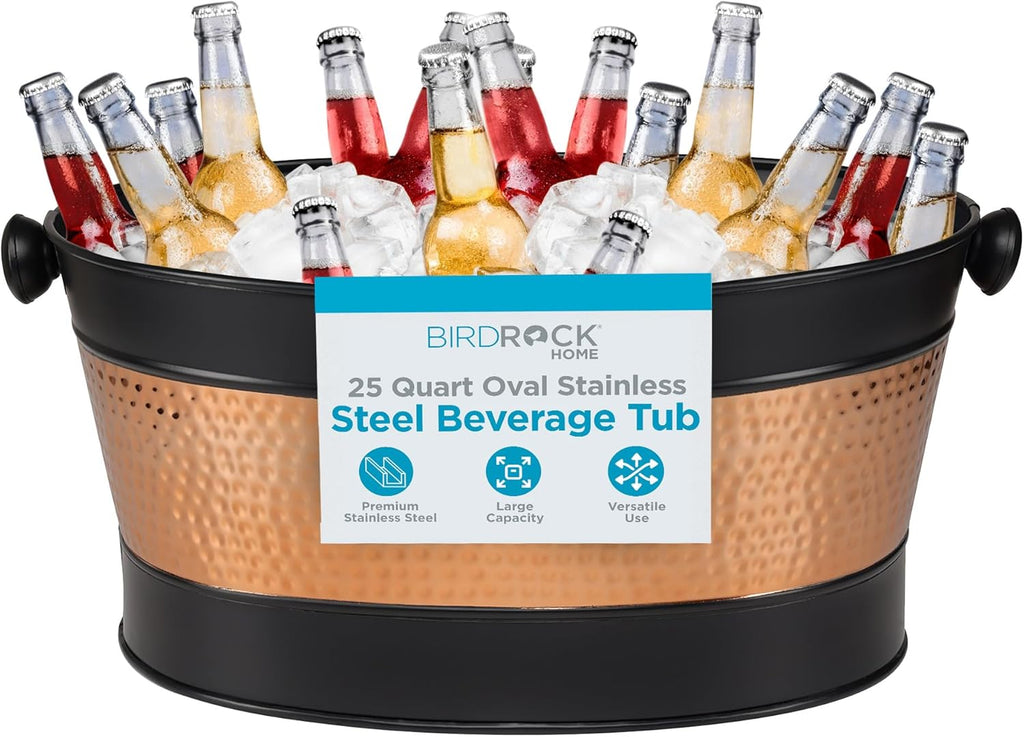 BIRDROCK HOME 25 Quart Oval Stainless Steel Beverage Tub with Removable Iron Liner - Black Finish with Copper Band, Large Capacity, Ideal for Home Entertaining, Events, and Parties