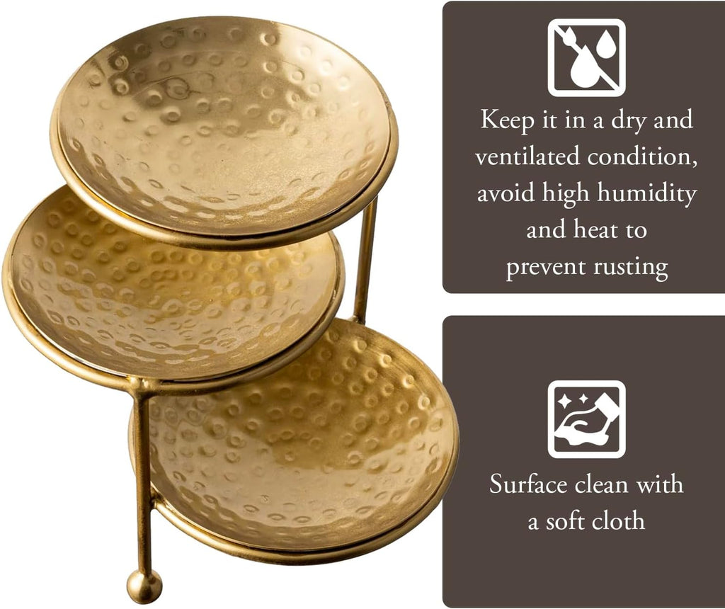 MyGift 3 Tier Jewelry Dish Organizer - Hammered Brass Plated Metal Ring Tray, Decorative Earring, Necklace, Bracelet Storage Display Tower - Handcrafted in India