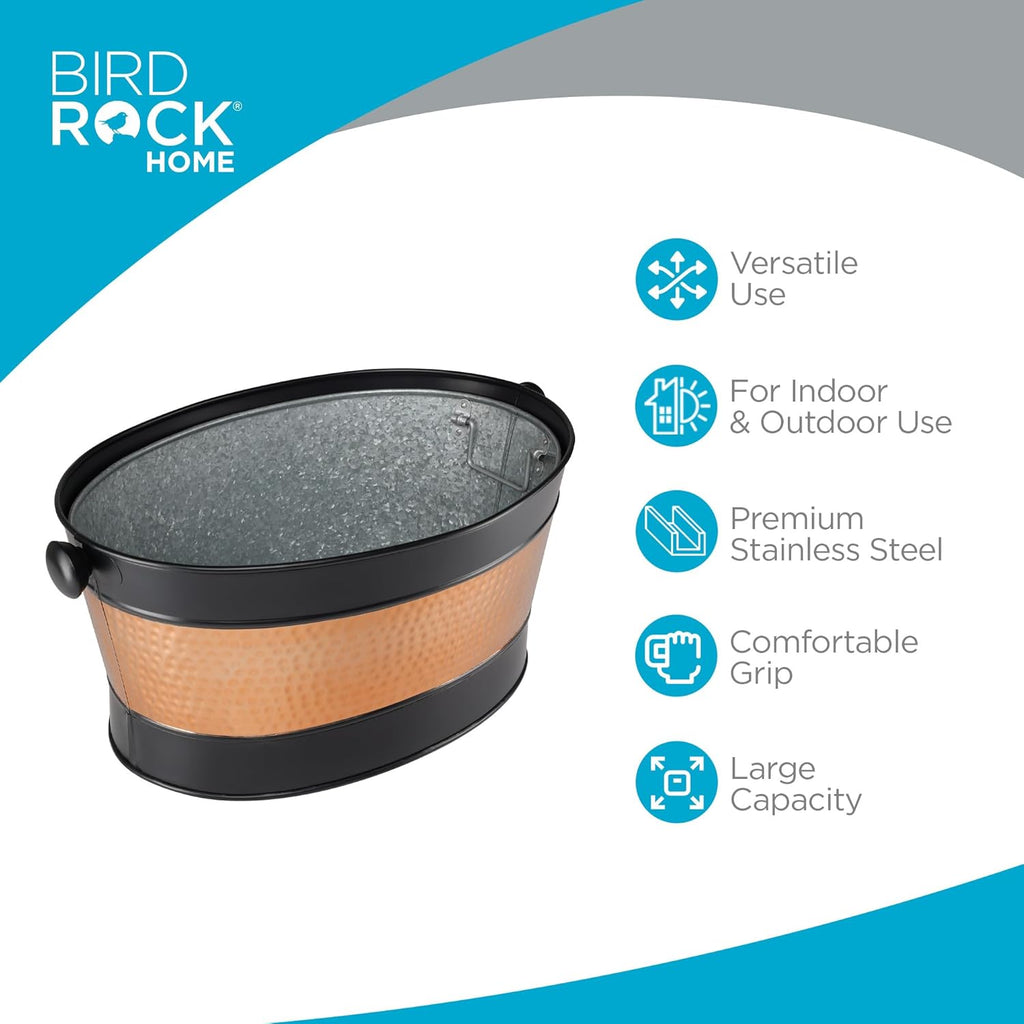 BIRDROCK HOME 25 Quart Oval Stainless Steel Beverage Tub with Removable Iron Liner - Black Finish with Copper Band, Large Capacity, Ideal for Home Entertaining, Events, and Parties