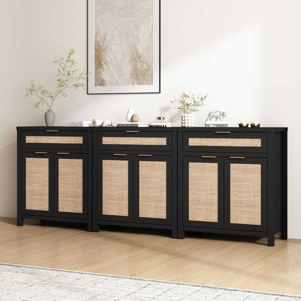 Rattan Sideboard Buffet Cabinet, Boho Storage Cabinet with Adjustable Shelves, Farmhouse Credenza Coffee Bar Cabinets with 4 Doors & 3 Drawers for Living Room, Hallway & Kitchen