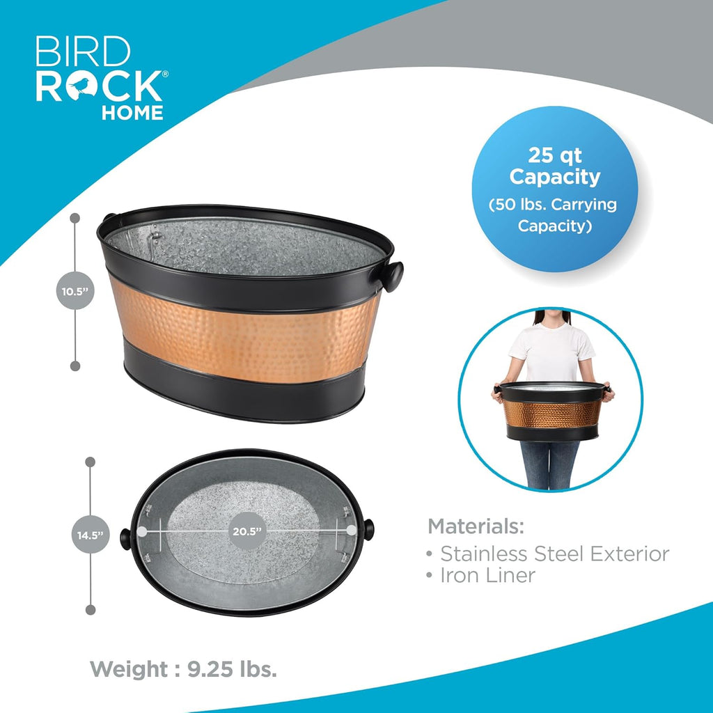 BIRDROCK HOME 25 Quart Oval Stainless Steel Beverage Tub with Removable Iron Liner - Black Finish with Copper Band, Large Capacity, Ideal for Home Entertaining, Events, and Parties