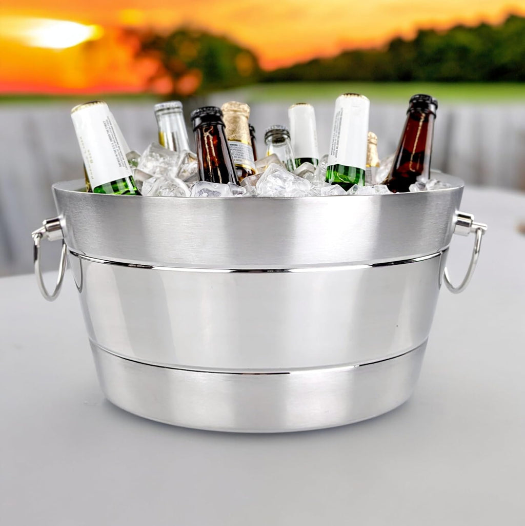 BREKX Stainless Steel Ice Bucket for Parties, Double Wall Insulated Anchored Brushed Drink Tub & Wine Bucket with Double Hinged Handles, Drink Chiller for Parties, 12QT (3 Gallon), 100% Leak Proof