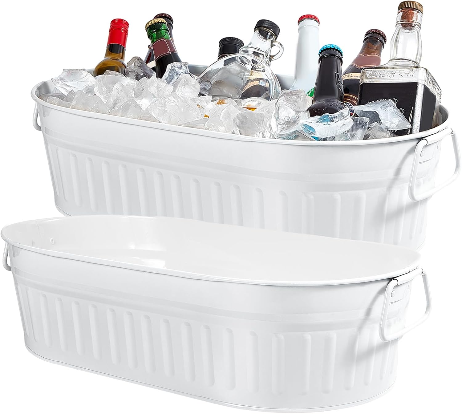 Lallisa 5.3 gallons Galvanized Beverage Tub Galvanized Bucket Metal Ice and Drink Bucket with Handles Tub for Parties Farmhouse Home Pool Bar(White,2 Pcs)