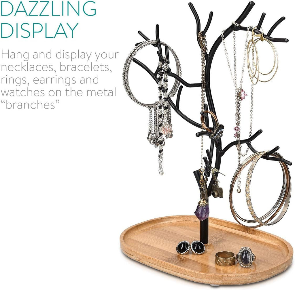 Navaris Metal Jewelry Tree Stand - Organizer Hanger Display Holder with Bamboo Dish Base to Store Necklaces, Bracelets, Rings, Accessories