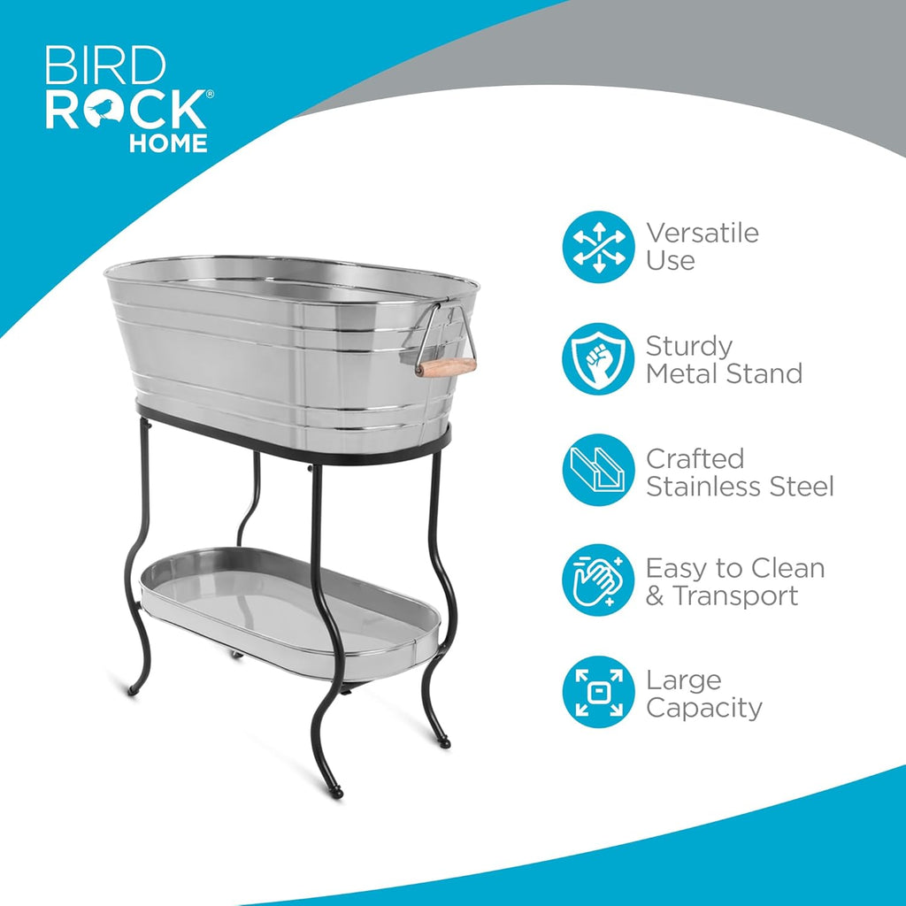 BIRDROCK Home Stainless Steel Beverage Tub with Stand - Bottom Tray - Ice Bucket - Party Drink Holder - Wooden Handles - Outdoor or Indoor Use - Free Standing