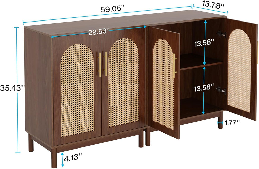 Tribesigns Set of 2 Rattan Sideboard Buffet Cabinet with Storage, 59 Inch Accent Cabinet for Dining Room, Living Room, Kitchen, Rattan and Dark Brown