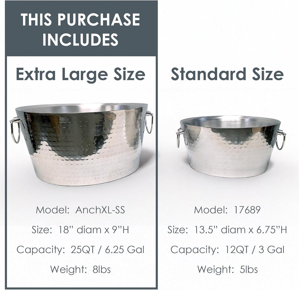 BREKX 6.25 Gallon Large Stainless Steel Bucket for Parties, Double-Walled Insulated Anchored Drink Tub & Ice Bucket with Double Hinged Handles, Silver, Extra Large