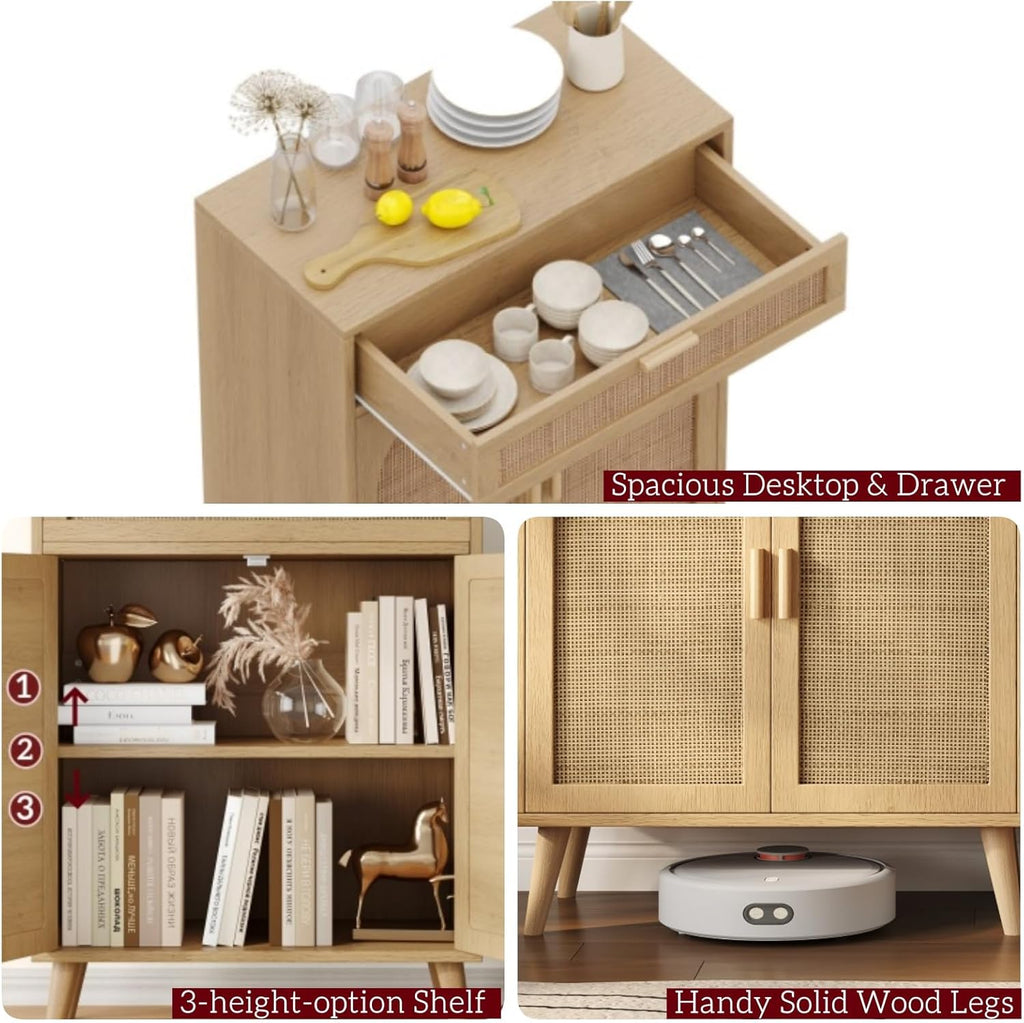 Irontar Rattan Storage Cabinet Set of 2, Buffet Sideboard with Storage, Coffee Bar with Drawer & Doors, Accent Floor Cabinet for Living Room, Dinning Room, Entryway, Natural