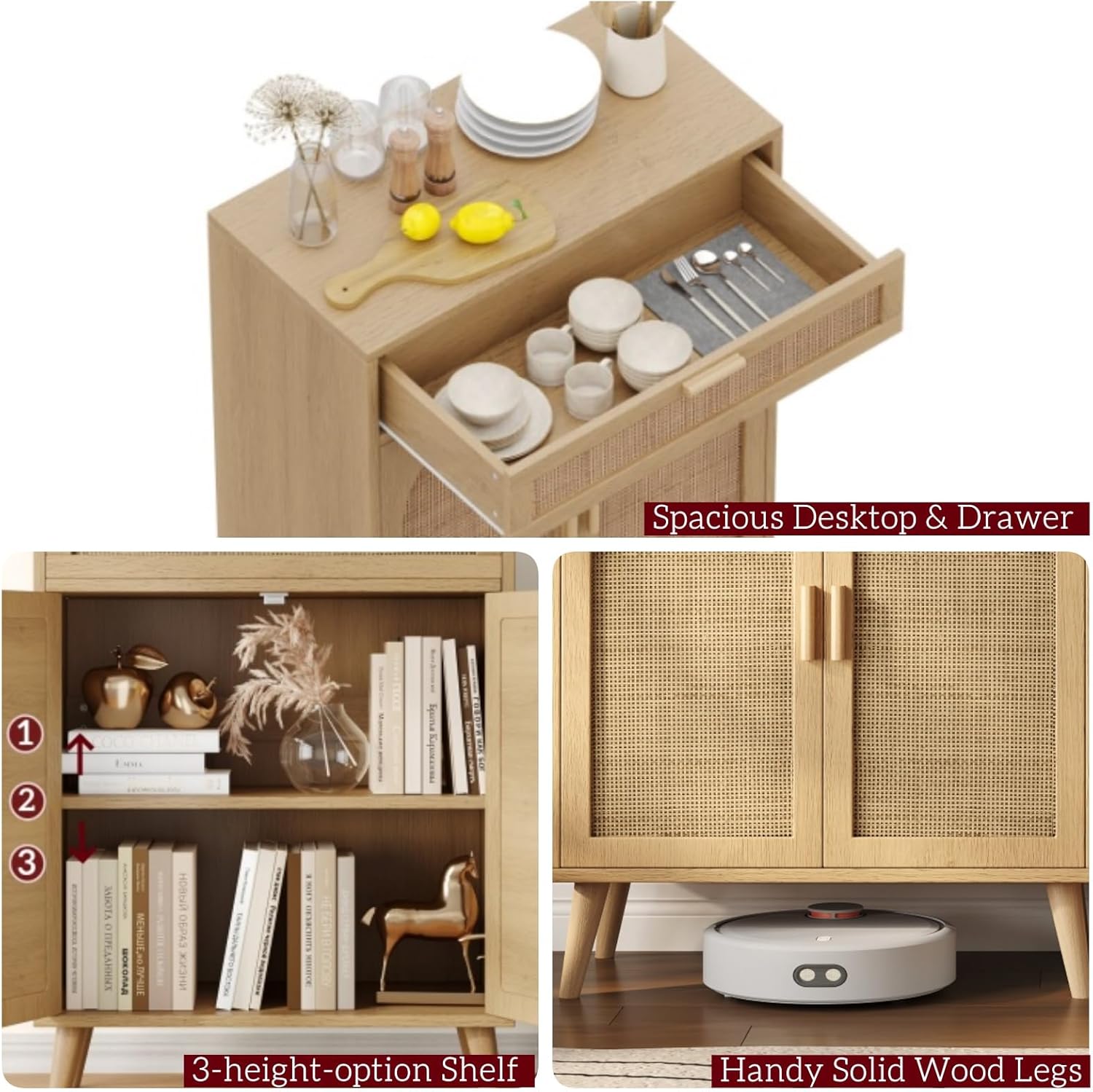 Irontar Rattan Storage Cabinet Set of 2, Buffet Sideboard with Storage, Coffee Bar with Drawer & Doors, Accent Floor Cabinet for Living Room, Dinning Room, Entryway, Natural